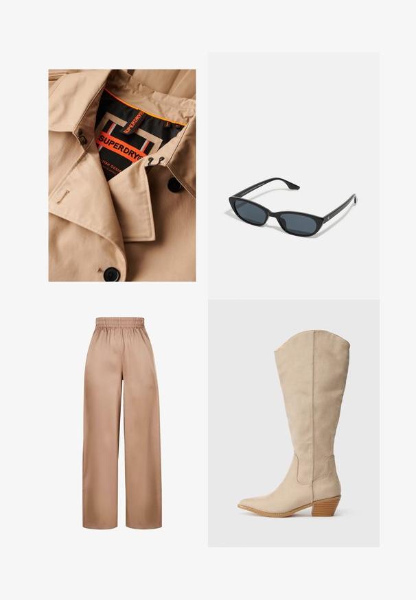 Beżowy płaszcz trench z ciemnymi guzikami, podwójnie zapięty design i czarną podszewką kołnierza. Posiada metkę "SUPERDRY" w pomarańczowym i czarnym kolorze.; Czarny top na cienkich ramiączkach, ozdobiony koronkowym wykończeniem przy dekolcie i dolnej krawędzi. Gładki materiał o lekko błyszczącej teksturze.; Szerokie, jasnobrązowe spodnie wykonane z gładkiego materiału, z elastycznym pasem, o prostym kroju i bez dodatkowych zdobień.; Beżowe zamszowe kozaki do kolan z ostrym noskiem, na słupkowym obcasie i widocznymi detalami szwów. Gładka tekstura z prostym wzornictwem.; Czarne okulary w kształcie kociego oka z ciemnymi soczewkami, plastikową ramką, smukłymi zausznikami i subtelnym logo na wewnętrznej stronie zausznika. Matowa tekstura.; Brązowa zamszowa torebka na ramię z wygiętym uchwytem, miękką fakturą i zamknięciem na górze na zamek. Brak widocznych elementów metalowych i wzorów.