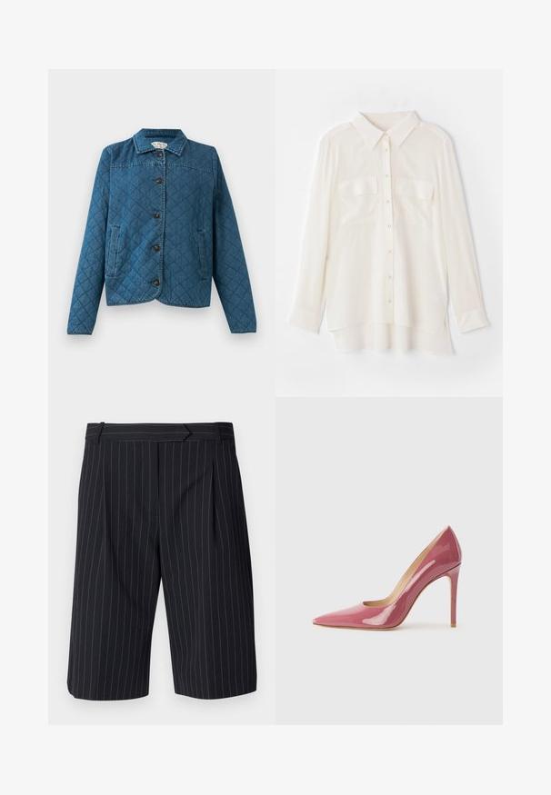 Kvadrovan jeans jakna s ovratnikom, dolgimi rokavi, sprednjimi gumbi in dvema stranskima žepoma na enobarvni podlagi.; Bela srajca s kratkimi rokavi iz lahkega blaga. Ima klasičen ovratnik, dva žepa na prsih in nekoliko daljši zadnji rob.; Črni kratki hlače s pinstripes vzorcem in prilegajočim krojem, z ravnim sprednjim delom, gubami in gladko teksturo. Vključeni so zank za pas.; Rožnate lakirane visokotlačne čevlje s koničastim nosom in elegantno silhueto, ki vključujejo izrez in stolpičasto peto.