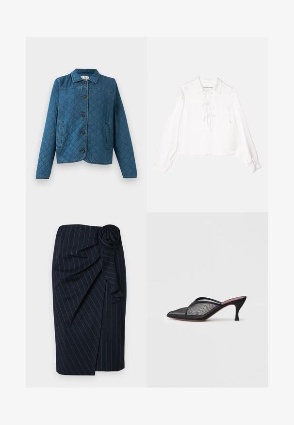 Quiltuota džinsinė striukė su apykakle, ilgomis rankovėmis, priekiniais mygtukais ir dviem šoninėmis kišenėmis prieš paprastą foną.; Balta ilga rankovė bluzė su apykakle, turinti centrinę nėrimo detalę, pagaminta iš lygaus audinio. Rankogaliai yra elastiniai.; Tamsiai mėlyna iki kelių ilgio sijonas su baltais dryžiais, apvyniojimo dizainas ir audinio rozetės detalė juosmenyje.; Juodas tinklinis mules, su smailiu pirštu, plonais dirželiais ir 7,5 cm aukščio stiletto kulnu. Pasižymi permatomu tekstūru ir tvirtu toniniu padu.