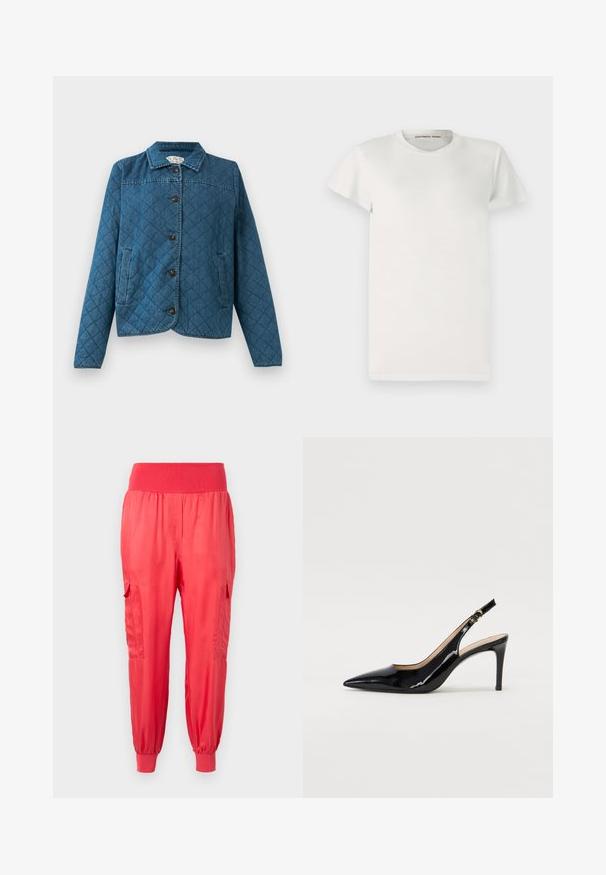 Quilted denim jacket with collar, long sleeves, front buttons, and two side pockets against a plain background.; White short-sleeve t-shirt made of cotton with a round neckline and simple cut. Tags display "DESIGNERS REMIX" inside the collar.; Red satin jogger pants with a wide elastic waist, side pockets, and elastic cuffs at the ankles. Smooth finish with a slight shine.; Black patent leather slingback pump with pointed toe, slim heel, and a subtle cutout design. Features a gold buckle on the strap.