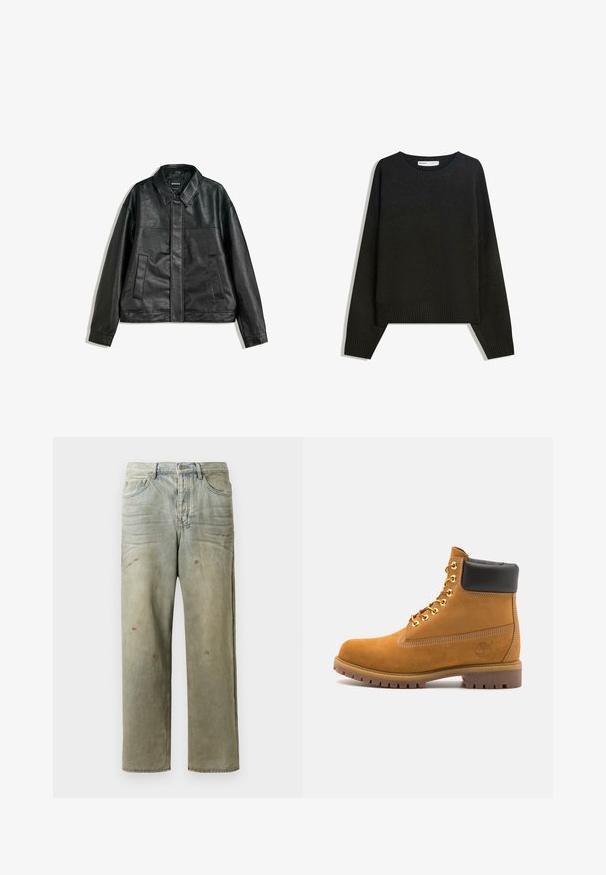 Fekete bőrkabát galléros nyakkal, két elülső zsebbel és sima felülettel. Egyenes szabása és minimalista dizájnja jellemzi.; Fekete kötött pulóver, kerek nyakkivágással, bordás mandzsettával és szegéllyel. A dizájn doboz alakú, ejtett vállakkal a laza illeszkedés érdekében.; Fakó zöld, kopott farmerszadrág, egyenes lábbal, ötk zsebes kialakítással, egyenetlen kopással és festékcseppekkel.; Barna velúr bokacipő fekete párnázott gallérral, arany fém fűzőlyukakkal, fehér varrási részletekkel és durva gumitalppal, amelynek kifejezett barázdái vannak.