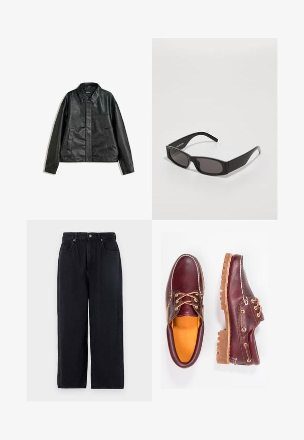 Veste en cuir noir avec un col, deux poches avant et une texture lisse. Présente une coupe droite et un design minimaliste.; MELA TROYER UDAI - Pullover - schwarz; Pantalons en denim noir avec une coupe droite, comportant cinq poches, une fermeture à bouton et une finition soignée. Tissu durable à texture mate.; Chaussures en cuir bourgogne avec semelles en caoutchouc marron, bout rond, couture blanche et œillets dorés. L'intérieur présente une doublure jaune.; Lunettes de soleil rectangulaires noires avec des verres sombres, une monture en plastique lisse et un logo subtil sur la tige gauche. Design minimaliste.