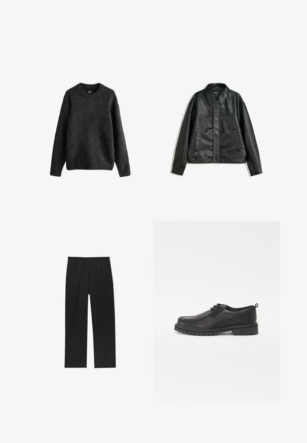 Schwarze Lederjacke mit einem Kragenhals, zwei Fronttaschen und einer glatten Textur. Verfügt über einen geraden Schnitt und ein minimalistisches Design.; Dunkelgrauer Pullover aus einer strukturierten Wollmischung, mit Rundhalsausschnitt, langen Ärmeln und gerippten Bündchen und Saum. Einfaches Design.; Schwarze Hose mit geradem Schnitt, aus einem glatten Stoff gefertigt. Verfügt über Vorderfalten und einen einzelnen Knopfverschluss an der Taille.; Schwarze Lederschuhe mit runder Zehenform, strukturiertem Nähen, flachem Design und Gummisohle mit tiefem Profil für bessere Bodenhaftung.