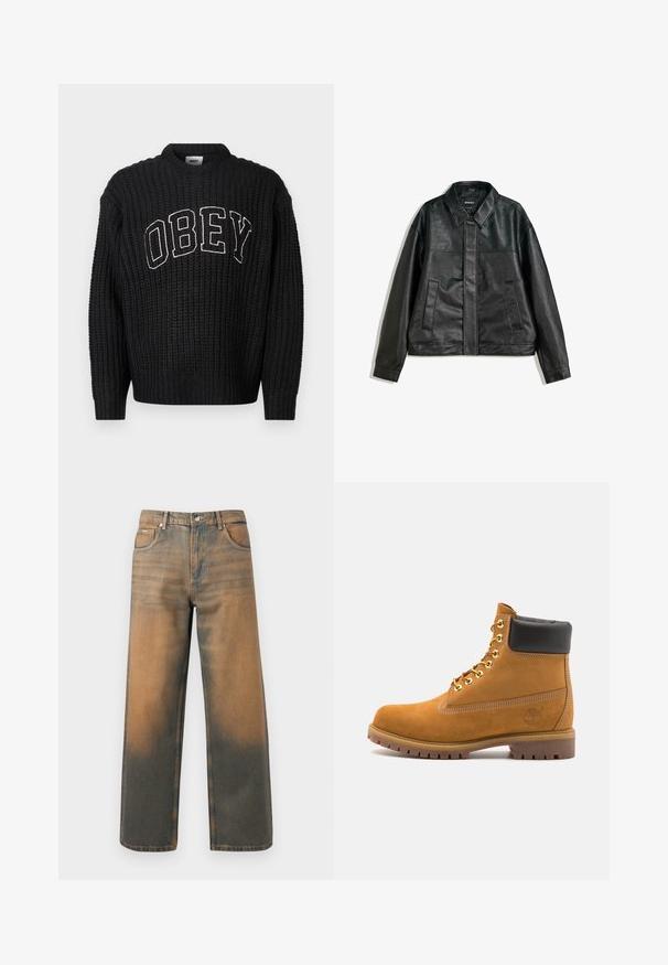 Black leather jacket with a collared neckline, two front pockets, and a smooth texture. Features a straight cut and minimal design.; Black knitted sweater with a round neckline, featuring "OBEY" in white embroidery across the chest. Textured pattern throughout.; Wide-leg jeans in distressed blue and brown denim. Features a high waist, front pockets, and a classic button closure with metallic accents.; Tan suede ankle boot with black padded collar, gold metal eyelets, white stitching detailing, and rugged rubber sole with pronounced treads.