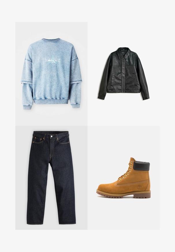 Fekete bőrkabát galléros nyakkal, két elülső zsebbel és sima felülettel. Egyenes szabása és minimalista dizájnja jellemzi.; Kék pamut pulóver lecsúsztatott vállakkal, bordázott nyakkal és hímzett díszítéssel. Lazább szabású, texturált anyagból készült.; Sötétkék farmernadrág egyenes szabással, öt zsebbel, kontrasztos narancssárga varrással és gombos záródással. Nem látható rajta mintázat vagy díszítés.; Barna velúr bokacipő fekete párnázott gallérral, arany fém fűzőlyukakkal, fehér varrási részletekkel és durva gumitalppal, amelynek kifejezett barázdái vannak.