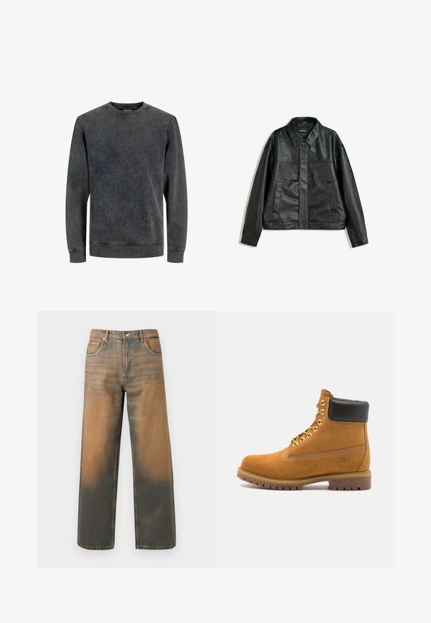 Giacca in pelle nera con collo a camicia, due tasche frontali e una texture liscia. Caratterizzata da un taglio dritto e un design minimalista.; Felpa grigia a collo rotondo con maniche lunghe, realizzata in un morbido tessuto testurizzato. Presenta un effetto sbiadito e lavato con semplici dettagli di cucitura.; Jeans a gamba larga in denim blu e marrone scuro con effetto usurato. Presentano un alto punto vita, tasche frontali e una chiusura con bottone classico arricchita da dettagli metallici.; Stivale alla caviglia in suede tan con collare imbottito nero, occhielli in metallo dorato, dettagli in cucitura bianca e suola in gomma robusta con battistrada pronunciato.