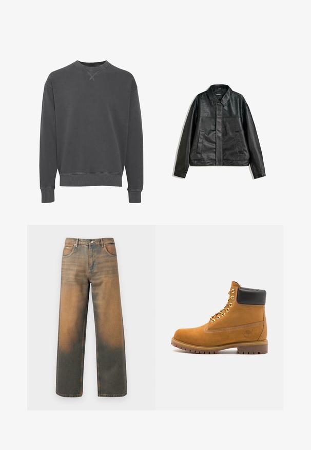 Veste en cuir noir avec un col, deux poches avant et une texture lisse. Présente une coupe droite et un design minimaliste.; Sweatshirt crewneck gris foncé en mélange de coton, avec des poignets et un ourlet côtelés, un fini texturé et des détails de couture subtils.; Jean large en denim bleu et marron délavé. Caractéristiques : taille haute, poches avant et fermeture à boutons classique avec des accents métalliques.; Bottine en daim beige avec un col rembourré noir, œillets en métal doré, détails de surpiqûres blanches et semelle en caoutchouc robuste avec des crampons prononcés.