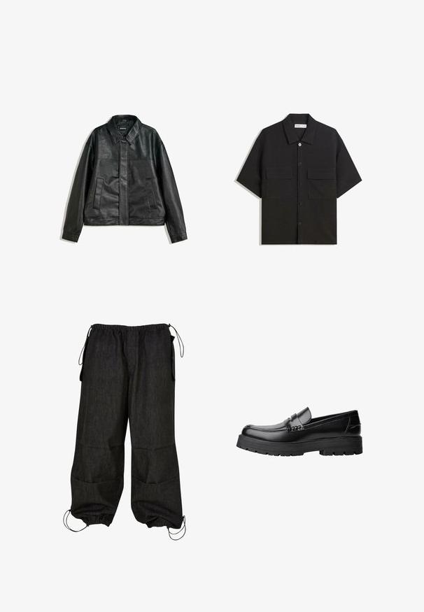 Mustavilla nahkatakilla on kauluskavennus, kaksi etutaskua ja sileä pintakuvio. Takissa on suora leikkaus ja yksinkertainen muotoilu.; Lyhythihainen musta paita, joka on valmistettu sileästä kankaasta, jossa on kaksi etutaskua, klassinen kaulus ja napitus.; Mustat, rentot fit cargo-housut elastisella vyötäröllä, sivutaskuilla ja säädettävällä nyörillä helmassa. Valmistettu kestävästä farkkukankaasta.; Musta nahkainen loaferi, jossa on paksu urheilupohja ja koristeellinen hihna yläpääkkeellä, esitettynä vasemman sivuprofiilin kuvassa valkoista taustaa vasten.