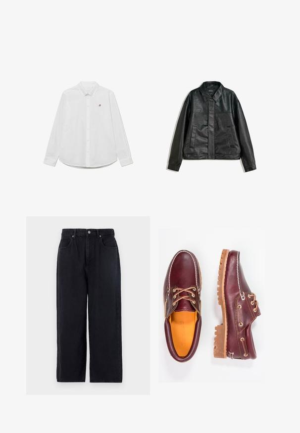 Giacca in pelle nera con collo a camicia, due tasche frontali e una texture liscia. Caratterizzata da un taglio dritto e un design minimalista.; Les Deux OXFORD - Camicia - white; Pantaloni di denim neri con design a gamba dritta, dotati di cinque tasche, chiusura con bottone e finitura pulita. Tessuto resistente con una texture opaca.; Scarpe in pelle bordeaux con suole in gomma marrone, punta rotonda, cuciture bianche e occhielli dorati. L'interno presenta un rivestimento giallo.