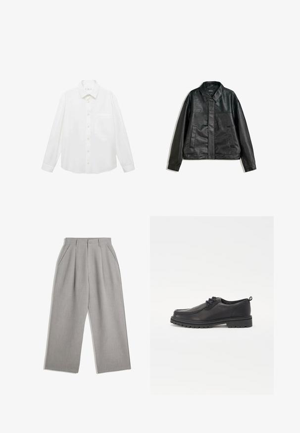 Jachetă din piele neagră cu guler, două buzunare frontale și o textură netedă. Are o croială dreaptă și un design minimalist.; Mango ANTARES - Cămașă - white; Pantaloni gri deschis cu un design drept, având două pliuri frontale și buzunare laterale, confecționați dintr-un material neted.; Pantofi din piele neagră cu vârf rotund, cusături texturate, design cu profil redus și talpă din cauciuc cu adâncimi pentru tracțiune.