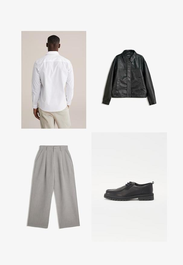 Čierna kožená bunda s golierom, dvoma prednými vreckami a hladkou textúrou. Má rovný strih a minimalistický dizajn.; Biela košeľa s dlhými rukávmi, vyrobená z hladkej tkaniny. Má klasický golier, zaoblený spodný lem a manžety zapínané na jeden gombík.; Svetlošedé nohavice so strihom rovného nohu, s dvoma prednými skladmi a bočnými vreckami, vyrobené z hladkého materiálu.; Čierne kožené šnurovacie topánky s okrúhlou špičkou, textúrovanou podrážkou a vystupujúcim prešívaním pozdĺž okrajov. Jednoduchý dizajn bez vzorov alebo ozdôb.