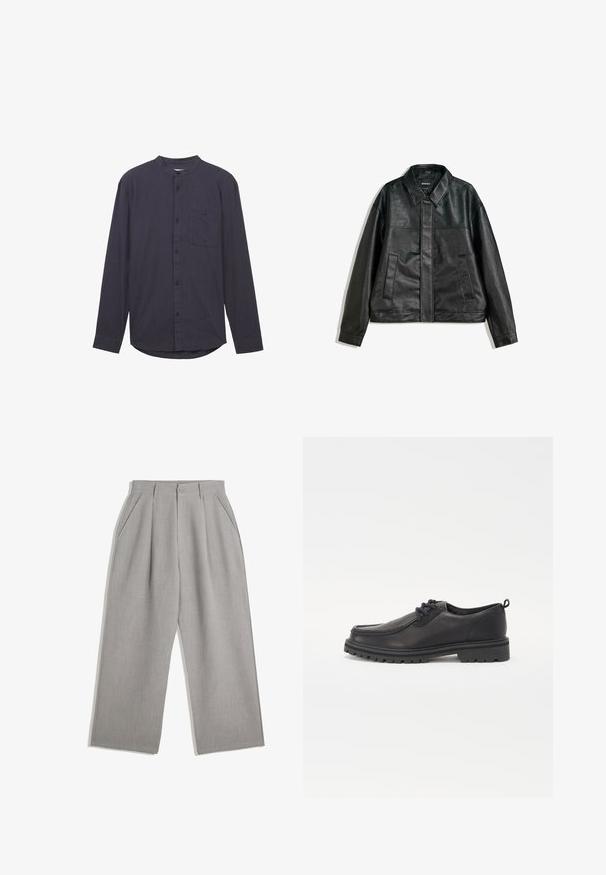 Zwarte leren jas met een kraaghals, twee voorzakken en een gladde textuur. Heeft een rechte snit en een minimalistisch ontwerp.; Donker marineblauw hemd met lange mouwen, een bandkraag, sluiting met knopen aan de voorkant, een borstzak en een getextureerde stof. Bevat een gebogen zoom.; Lichtgrijze broek met een rechte pasvorm, voorzien van twee voorplooien en zijzakken, gemaakt van een gladde stof.; Zwarte leren schoenen met een ronde neus, textuurstiksels, een laag profiel ontwerp en een rubberen zool met diepe profielen voor grip.