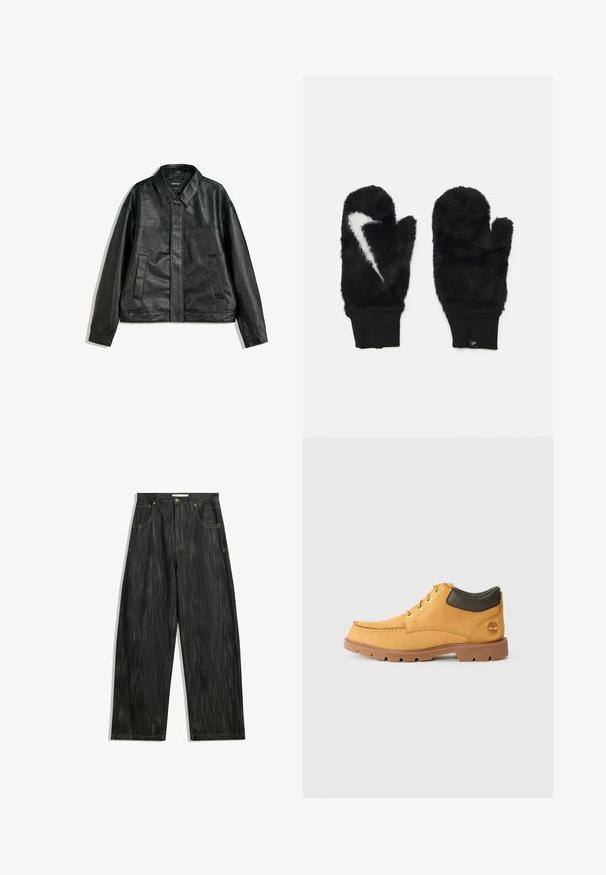 Sort læderjakke med krave, to forlommer og en glat tekstur. Har en lige pasform og et minimalistisk design.; Langærmet sort t-shirt lavet af blødt stof; har rund halsudskæring, løs pasform og en svag gradient effekt fra lys til mørk.; Mørke denim jeans med en løs pasform, med subtil lodret tekstur, gule sømme, fem lommer og en klassisk knaplukning.; Gul læder sko med brun gummisål, rund tå og grøn læderdetalje ved anklen. Har guldøjer og stikningsdetaljer.; Sorte pelsvotter med en blød struktur, prydet med et hvidt Nike-logo og sorte ribbede manchetter.