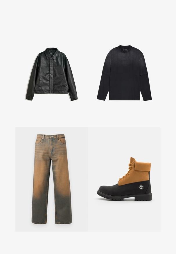 Černá kožená bunda s límečkem, dvěma předními kapsami a hladkým povrchem. Má rovný střih a minimalistický design.; Černé tričko s dlouhým rukávem vyrobené z měkké látky; má kulatý výstřih, volný střih a slabý gradientní efekt od světlé k tmavé.; Džíny s širokými nohavicemi v distressed modré a hnědé denimové barvě. Mají vysoký pas, přední kapsy a klasické zapínání na knoflík se metalickými akcenty.; Černé a hnědé kotníkové boty vyrobené z kůže a semišové kůže, s polstrovaným límcem, šesti očky a gumovou podrážkou se znakem.