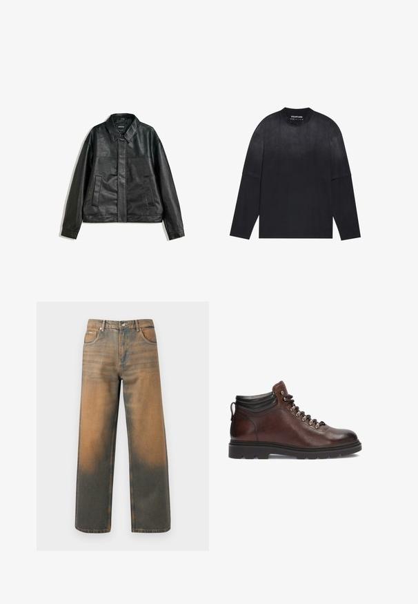 Czarna skórzana kurtka z kołnierzykiem, dwoma przednimi kieszeniami i gładką fakturą. Charakteryzuje się prostym krojem i minimalistycznym designem.; Czarna koszulka z długim rękawem wykonana z miękkiego materiału; ma okrągły dekolt, luźny krój i subtelny efekt gradientu od jasnego do ciemnego.; Jeansy o szerokich nogawkach w przetartym niebieskim i brązowym denimp. Posiadają wysoki stan, przednie kieszenie oraz klasyczne zapięcie na guzik z metalowymi akcentami.; Brązowe skórzane buty górskie z teksturowanym wykończeniem, srebrnymi oczkami i czarnym kołnierzem na kostce. Gumowa podeszwa z solidnym wzorem bieżnika.