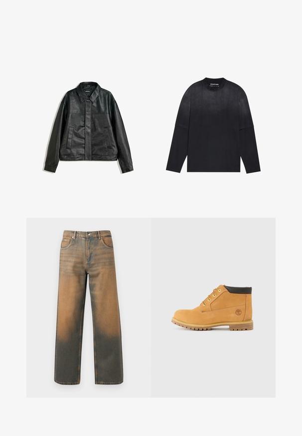 Mustavilla nahkatakilla on kauluskavennus, kaksi etutaskua ja sileä pintakuvio. Takissa on suora leikkaus ja yksinkertainen muotoilu.; Pitkähihaine musta T-paita, joka on valmistettu pehmeästä kankaasta; siinä on pyöreä kaula-aukko, reilu istuvuus ja hienovarainen gradienttiefekti vaaleasta tummaksi.; Levin leveät farkut kuluneessa sinisessä ja ruskeassa denimmissä. Ominaisuuksiin kuuluu korkea vyötärö, etupussit ja klassinen napitus metallikoristeilla.; Kahdenruskeat nahkakengät keskitason varrella, pyöreällä kärjellä, ruskeilla yksityiskohdilla, keltaisilla metallisilla silmukoilla ja kestävällä pohjalla. Timberlandin logo leimattu kylkeen.