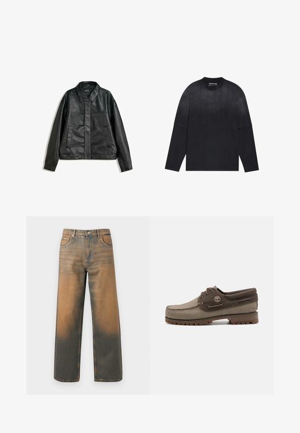 Schwarze Lederjacke mit einem Kragenhals, zwei Fronttaschen und einer glatten Textur. Verfügt über einen geraden Schnitt und ein minimalistisches Design.; Langarm schwarzes T-Shirt aus weichem Stoff; hat einen Rundhalsausschnitt, eine lockere Passform und einen schwachen Verlaufseffekt von hell nach dunkel.; Weite Jeans aus verwittertem blauem und braunem Denim. Sie haben eine hohe Taille, Vorderseiten-Taschen und einen klassischen Knopfverschluss mit metallischen Akzenten.; Schnürbootsschuh aus grauem Canvas und Leder, mit einer Gummi-Außensohle, kontrastierenden braunen Akzenten und dekorativen Steppdetails.