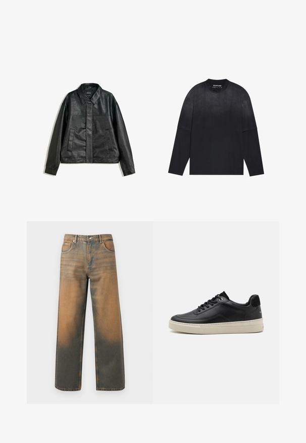 Črna usnjena jakna s ovratnikom, dvema sprednjima žepoma in gladko teksturo. Ima ravno kroj in minimalističen dizajn.; Črna majica s dolgimi rokavi, izdelana iz mehke tkanine; ima krožen izrez, ohlapen kroj in rahlo gradientno izvajanje od svetle do temne barve.; Široke kavbojke v obrabljenem modrem in rjavem denimu. Imajo visok pas, sprednje žepke in klasično zapiranje na gumb z kovinskimi poudarki.; Črne usnjene superge z nizkim profilom, ki imajo smetanasto barvo gumijastega podplata, okroglo konico in vezalni dizajn, poudarjene z črnim semiš petnim delom.