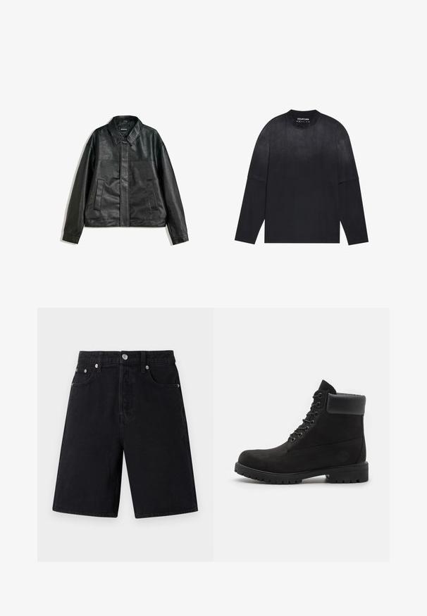 Čierna kožená bunda s golierom, dvoma prednými vreckami a hladkou textúrou. Má rovný strih a minimalistický dizajn.; Čierne tričko s dlhými rukávmi vyrobené z mäkkej tkaniny; má okrúhly výstrih, voľný strih a jemný prechodový efekt od svetlej po tmavú.; Čierne riflové šortky s rovný strihom. Medzi vlastnosti patrí zips, päť vreciek, strieborné kovanie a jemne štruktúrovaný povrch.; Čierne šnurovacie členkové topánky s polstrovaným golierom a robustnou podrážkou, zobrazené zboku na bielom pozadí.
