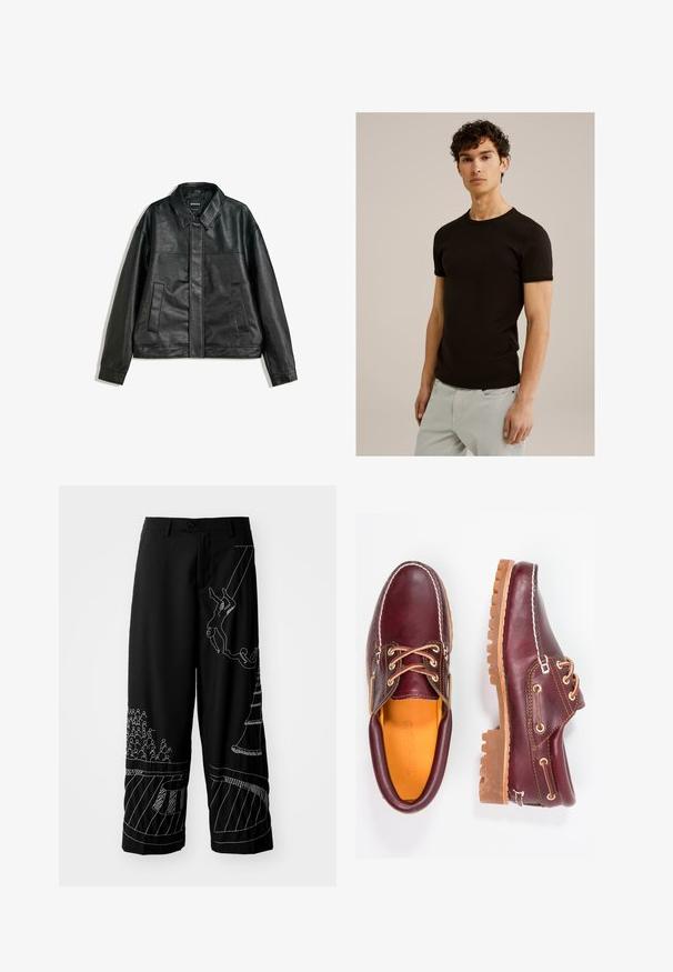 Černá kožená bunda s límečkem, dvěma předními kapsami a hladkým povrchem. Má rovný střih a minimalistický design.; Černé tričko s krátkým rukávem a kulatým výstřihem, vyrobené z hladké, elastické tkaniny. Střih je přiléhavý, navržený tak, aby byl blízko těla.; Černé kalhoty s širokými nohavicemi, zdobené bílým abstraktním vyšíváním postav a tvarů, vyrobené z hladkého materiálu, s předním zapínáním na knoflík.; Burgundské kožené boty s hnědými gumovými podrážkami, kulatou špičkou, bílým prošíváním a zlatými očky. Interiér obsahuje žlutou podšívku.
