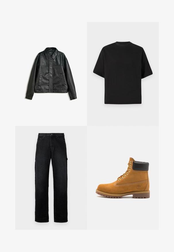 Czarna skórzana kurtka z kołnierzykiem, dwoma przednimi kieszeniami i gładką fakturą. Charakteryzuje się prostym krojem i minimalistycznym designem.; Czarna, krótka koszulka w luźnym kroju, wykonana z gładkiej bawełny, z okrągłym dekoltem i minimalistycznym designem.; Czarne dżinsy w kroju prostym, z przednimi kieszeniami, zapięciem na guzik oraz bocznymi kieszeniami dla dodatkowej przestrzeni na przechowywanie.; Beżowe zamszowe botki sięgające kostki z czarną wyściełaną krawędzią, złotymi oczkami, białymi detalami szycia oraz wytrzymałą gumową podeszwą z wyraźnym bieżnikiem.