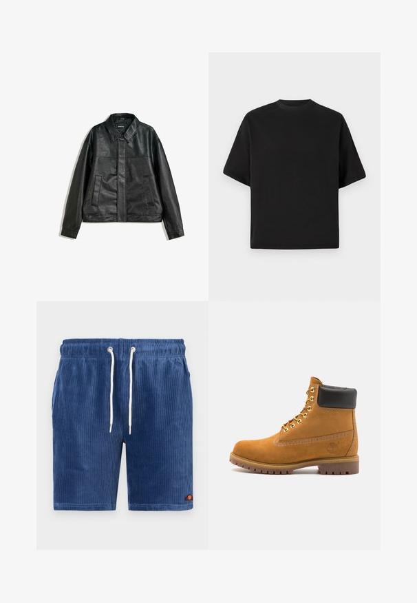 Czarna skórzana kurtka z kołnierzykiem, dwoma przednimi kieszeniami i gładką fakturą. Charakteryzuje się prostym krojem i minimalistycznym designem.; Czarna, krótka koszulka w luźnym kroju, wykonana z gładkiej bawełny, z okrągłym dekoltem i minimalistycznym designem.; Granatowe szorty z kanałowym materiałem, z elastyczną talią, białym sznurkiem do regulacji i logo w czerwonym i żółtym kolorze na dolnym brzegu. Pionowy żebrowany materiał.; Beżowe zamszowe botki sięgające kostki z czarną wyściełaną krawędzią, złotymi oczkami, białymi detalami szycia oraz wytrzymałą gumową podeszwą z wyraźnym bieżnikiem.