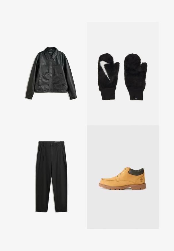 Crna kožna jakna s ovratnikom, dva prednja džepa i glatkom teksturom. Ima ravni kroj i minimalistički dizajn.; Crna rebrasta kratka majica s kratkim rukavima i okruglim izrezom, s opuštenim krojem i teksturiranom površinom. Jednostavan dizajn; bez grafika ili akcenta.; Crne pamučne hlače s opuštenim krojem, s klasičnim pojasom, prednjim nabranjima i bočnim džepovima. Glatka tekstura bez uzoraka.; Žute kožne cipele s smešnim gumenim potplatom, okruglim vrhom i zelenim kožnim detaljem oko gležnja. Imaju zlatne rupice za vezivanje i ukrasne šavove.; Crne krznene rukavice s mekom teksturom, s bijelim Nike logotipom i crnim rebrastim manžetama.