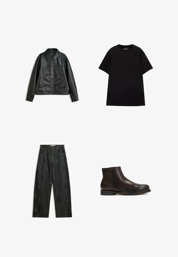 Černá kožená bunda s límečkem, dvěma předními kapsami a hladkým povrchem. Má rovný střih a minimalistický design.; PULL&BEAR JOIN LIFE - Jednoduché tričko - black; Tmavé džíny s volným střihem, s jemnou vertikální texturou, žlutým prošíváním, pěti kapsami a klasickým zapínáním na knoflík.; Černá kožená kotníková bota s hladkým povrchem, zaoblenou špičkou a nízkým podpatkem. Obsahuje boční zip pro snadné obouvání.