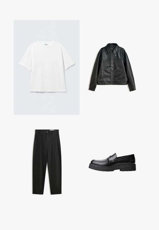 Crna kožna jakna s ovratnikom, dva prednja džepa i glatkom teksturom. Ima ravni kroj i minimalistički dizajn.; Bijela majica kratkih rukava od pamuka s okruglim dekolteom i opuštenim krojem. Bez vidljivih uzoraka ili naglaska. Jednostavan dizajn.; Crne pamučne hlače s opuštenim krojem, s klasičnim pojasom, prednjim nabranjima i bočnim džepovima. Glatka tekstura bez uzoraka.; Crna kožna mokasina s debelim potplatima i dekorativnom trakom preko gornjeg dijela, prikazana u lijevom bočnom profilu na bijeloj pozadini.