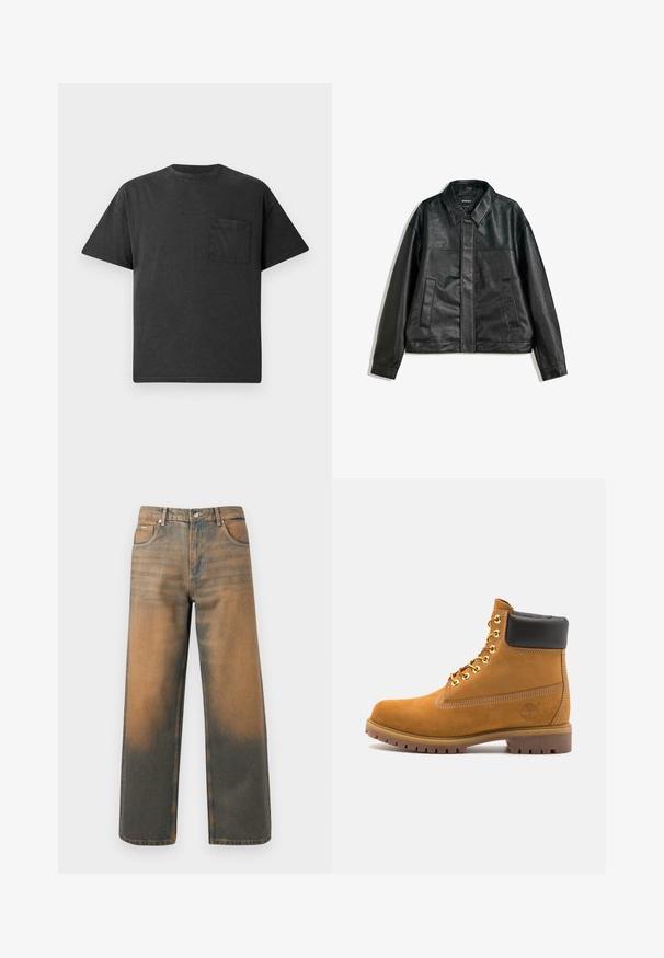 Mustavilla nahkatakilla on kauluskavennus, kaksi etutaskua ja sileä pintakuvio. Takissa on suora leikkaus ja yksinkertainen muotoilu.; Mustahinta musta puuvillapaita, jossa on pyöreä kaula-aukko, lyhyet hihat ja vasemmalla rintatasku. Paita on rentoa istuvuutta ja sileää materiaalia.; Levin leveät farkut kuluneessa sinisessä ja ruskeassa denimmissä. Ominaisuuksiin kuuluu korkea vyötärö, etupussit ja klassinen napitus metallikoristeilla.; Valkoinen nahkainen nilkkuri mustalla pehmustetulla kauluksella, kultaisilla metallisilla rei'illä, valkoisella ompeluksella ja jykevällä kumipohjalla, jossa on selvästi näkyvät urat.