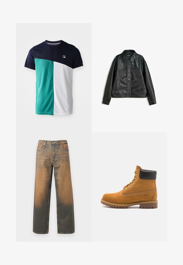 Jachetă din piele neagră cu guler, două buzunare frontale și o textură netedă. Are o croială dreaptă și un design minimalist.; Tricou de bărbați cu mânecă scurtă, secțiune superioară bleumarin, panel stâng teal, panel drept alb și un mic logo pe pieptul stâng.; Jeans evazați din denim albastru și maro distrus. Prezintă un talie înaltă, buzunare frontale și o închidere clasică cu buton, cu accente metalice.; Cizmă de gleznă din întoarsă de culoare bej, cu guler negru căptușit, ochiuri din metal auriu, detalii de cusătură albă și talpă din cauciuc robustă, cu un model pronunțat.