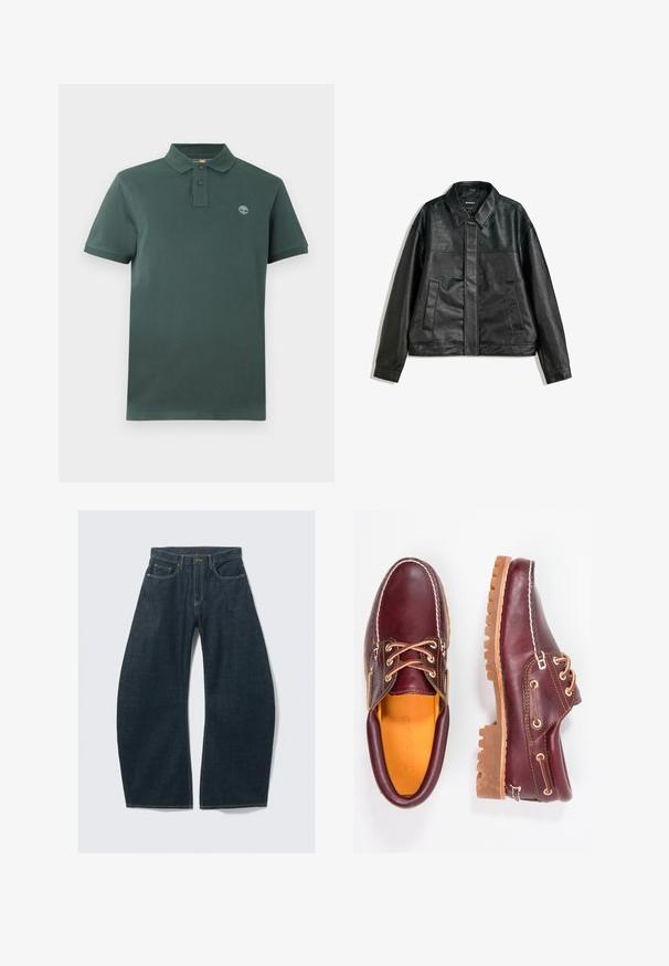 Mustavilla nahkatakilla on kauluskavennus, kaksi etutaskua ja sileä pintakuvio. Takissa on suora leikkaus ja yksinkertainen muotoilu.; Tummanvihreä polo-paita, joka on valmistettu puuvillasta. Tässä paidassa on klassinen kaulus, kolme nappia sekä hillitty logo vasemmassa rinnassa. Lyhyet hihat.; Tummansiniset leveälahkeiset farkut denimiä, joissa viisi taskua, näkyvät saumat, nappikiinnitys ja siisti viimeistely.; Burgundin nahkakengät ruskeilla kumipohjilla, pyöreällä kärjellä, valkoisella ompelulla ja kultaisilla nauha-aukkoilla. Sisäpuolella on keltainen vuori.