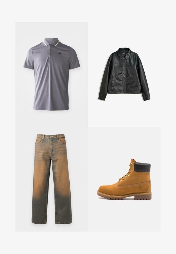 Crna kožna jakna s ovratnikom, dva prednja džepa i glatkom teksturom. Ima ravni kroj i minimalistički dizajn.; Siva polo majica kratkih rukava s suptilnim vertikalnim prugama, tri gumba za kopčanje, oznaka s logotipom na lijevoj strani prsiju, ovratnik s laganim prugastim detaljima.; Suberane traperice širokih nogavica u ispranom plavom i smeđem denimu. Imaju visoki struk, prednje džepove i klasično dugme sa metalnim detaljima.; Antracitne antilop čizme do gležnjeva s crnim podstavljenim ovratnikom, zlatnim metalnim rupicama, bijelim šavovima i robusnom gumenom potplatom s izraženim šarama.