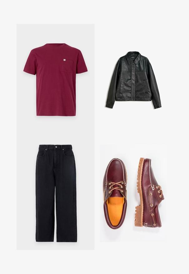 Giacca in pelle nera con collo a camicia, due tasche frontali e una texture liscia. Caratterizzata da un taglio dritto e un design minimalista.; T-shirt in cotone bordeaux con collo a giro e maniche corte, dotato di una tasca sul lato sinistro del petto. Presenta un piccolo marchio sulla tasca.; Pantaloni di denim neri con design a gamba dritta, dotati di cinque tasche, chiusura con bottone e finitura pulita. Tessuto resistente con una texture opaca.; Scarpe in pelle bordeaux con suole in gomma marrone, punta rotonda, cuciture bianche e occhielli dorati. L'interno presenta un rivestimento giallo.