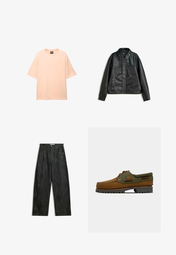 Čierna kožená bunda s golierom, dvoma prednými vreckami a hladkou textúrou. Má rovný strih a minimalistický dizajn.; Meraná oversized tričko v broskyňovej farbe vyrobené z mäkkej bavlny. Má okrúhly výstrih a krátke spadnuté rukávy bez vzorov alebo ozdôb.; Tmavé džíny s voľným strihom, so subtílnou vertikálnou textúrou, žltým prešívaním, piatimi vreckami a klasickým zapínaním na gombík.; Hnedá kožená topánka so zelenými textilnými akcentmi. Obsahuje dizajn v štýle mokasín, vyšitý logotyp a robustnú gumenú podrážku s hlbokým dezénom.