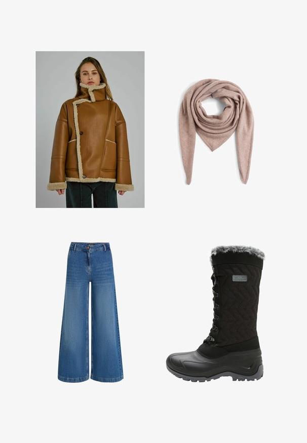 Woman wearing a tan shearling-lined leather jacket with asymmetrical button closure and high collar, standing against a plain gray background.; Burgundy knitted cardigan with a round neckline, button front, and ribbed hem. Features textured patterns and balloon sleeves.; White long-sleeve shirt made of ribbed fabric, featuring a round neckline and fitted shape. No patterns or accents are present.; Wide-leg denim trousers in light blue, featuring a high waist, front button closure, and subtle fading along the fabric for texture.; Black winter boot with a textured fabric upper, faux fur trim, lace-up front, and rubber outsole for traction. Features a zigzag pattern.; Marie Lund Scarf - taupe; Brown suede bucket bag with a single shoulder strap and a removable crossbody strap. Smooth texture and minimalist design with no visible hardware.