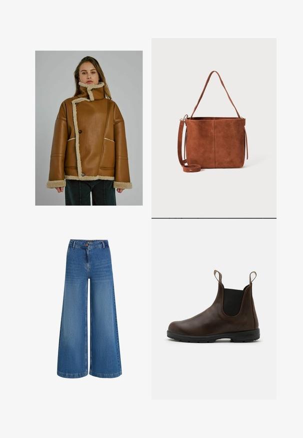 Vrouw in een tan kleurige leren jas met schapenvachtvoering, asymmetrische knoopsluiting en hoge kraag, staande voor een effen grijze achtergrond.; Bordeaux gebreide cardigan met een ronde halslijn, knoopsluiting aan de voorkant en geribbelde zoom. Kenmerken zijn textuurpatronen en ballonsleeves.; Witte longsleeve shirt van ribstof, met een ronde halslijn en een getailleerde vorm. Er zijn geen patronen of accenten aanwezig.; Lichte blauwe denimbroek met wijde pijpen, voorzien van een hoge taille, een sluiting met een knoop aan de voorkant en subtiele vervagingen in de stof voor textuur.; Bruine leren enkellaars met elastische zijkanten, trekriempjes en een getextureerde rubberen zool. Heeft een slank, rond te ontwerp.; Bruine suède emmerij met een enkele schouderband en een afneembare crossbodyband. Rechte textuur en minimalistisch ontwerp zonder zichtbare hardware.