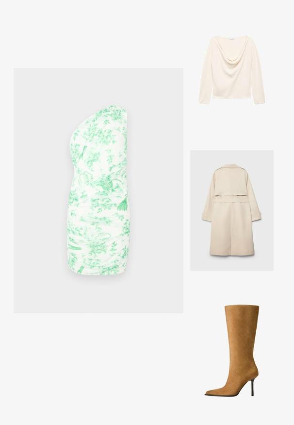 béžový trenčkot so zapínaním na jeden rad gombíkov, dlhými rukávmi a opaskom v páse. Má ventilačnú štiepku v zadnej časti a klasický golier. Hladká textúra.; Krémové dlhé rukávy s opásaným výstrihom a rebrovanou textúrou. Vyrobené z ľahkej látky, s rovnou spodnou časťou v páse.; Biele mini šaty na jedno rameno s zeleným kvetinovým vzorom, s riasením, jemnou textúrou a priliehajúcim strihom.; Kožené čižmy po kolená v camel farbe s špicatou špičkou a tenkým vysokým podpätkom. Hladká textura a elegantný silueta s minimálnym detailovaním.