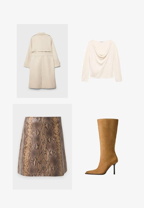 Beige trench coat med enkeltknap-design, lange ærmer og bæltestrop i taljen. Har en rygventilation og en klassisk krave. Glat tekstur.; Crèmefarvet langærmet top med en draperet cowl-halsudskæring og ribbet tekstur. Lavet af letvægtigt stof, har en lige kant ved taljen.; Brun slangeskindsprint mini-nederdel lavet af kunstlæder, med en glat tekstur, tætsiddende silhuet og subtile syninger.; Knæhøje suedesko i kamelfarve med spids tå og en tynd høj hæl. Glat tekstur og slank silhuet med minimal detaljering.