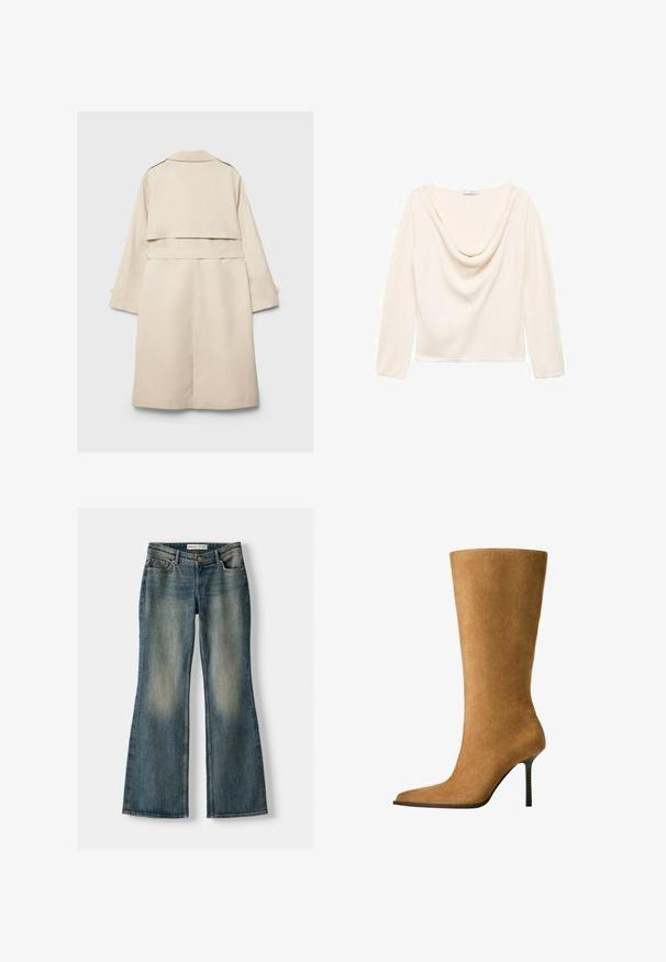 Beżowy płaszcz trench z jednorzędowym zapięciem, długimi rękawami i paskiem w talii. Posiada rozcięcie z tyłu oraz klasyczny kołnierz. Gładka tekstura.; Kremowy, długi rękaw top z opadającym dekoltem i prążkowaną fakturą. Wykonany z lekkiego materiału, z prostym dołem na wysokości talii.; Biała bluzka z długim rękawem i fasonem odsłaniającym ramiona, z marszczeniami po bokach i gładkiego materiału. Noszona z niebieskimi dżinsami.; Niebieskie dżinsy w fasonie dzwonów z wyblakłym wykończeniem, pięcioma kieszeniami i zapięciem na guzik. Materiał ma fakturę dżinsu z subtelnymi detalami szycia.; Kozaki do kolan z zamszu w kolorze camelowym, z ostrym noskiem i cienkim, wysokim obcasem. Gładka textura i smukła sylwetka z minimalnymi detalami.