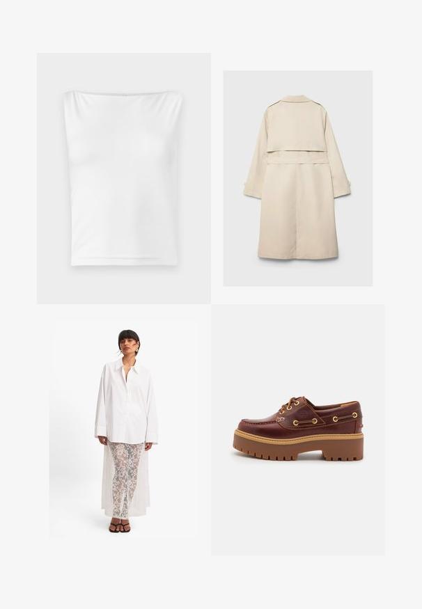 Cappotto beige con design a un bottone, maniche lunghe e vita con cintura. Presenta uno spacco posteriore e un colletto classico. Texture liscia.; Maglietta a maniche lunghe color crema con scollo drappeggiato e texture a costine. Realizzata in tessuto leggero, presenta orlo dritto in vita.; Top bianco senza maniche con scollatura dritta, realizzato in tessuto liscio, presenta una silhouette aderente e nessun hardware o motivo visibile.; Camicia bianca con bottoni e maniche lunghe, abbinata a pantaloni in pizzo bianco trasparente con un motivo floreale e una lunga drappeggiatura sul retro. Sandali neri.; Scarpa da barca in pelle marrone con suola in gomma marrone robusta, occhielli dorati e cuciture a contrasto. Presenta un logo sul lato.