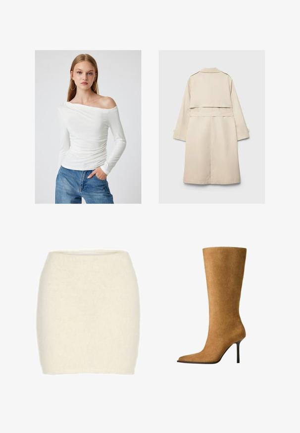 Beiger Trenchcoat mit einem einreihigen Design, langen Ärmeln und einem taillierten Gürtel. Verfügt über einen Rückenschlitz und einen klassischen Kragen. Glatte Textur.; Cremfarbener Langarmoberteil mit einem drapierten Wasserfall-Ausschnitt und gerippter Textur. Aus leichtem Material gefertigt, besitzt es einen geraden Saum an der Taille.; Weißes Langarmoberteil mit off-the-shoulder Design, das seitliche Raffung und glattes Material aufweist. Kombiniert mit blauen Jeans.; Minirock aus weißer Wolle, weiche und kuschelige Textur, taillierte Passform, hohe Taille, keine sichtbaren Muster oder Akzente.; Knöchelhohe Wildlederstiefel in camel mit spitzem Zehenbereich und dünnem, hohen Absatz. Glatte Textur und elegante Silhouette mit minimaler Detailgestaltung.