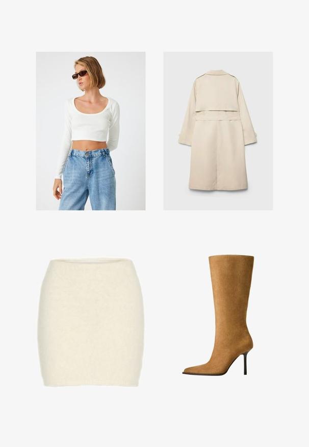 Beige trenssitakki, jossa on yksirivinen muotoilu, pitkät hihat ja vyöllinen vyötärö. Sisältää takatuuletusaukon ja klassisen kauluksen. Sujuva tekstuuri.; Kermanvärinen pitkähihainen paita, jossa on laskostettu kaula-aukko ja ribbikuvio. Valmistettu kevyestä kankaasta, jossa on suora helma vyötäröllä.; Valkoinen, uritettu, pitkähihainen crop-top, jossa on leveä pyöreä pääntie, yhdistettynä korkeavyötäröisiin, vaaleansinisiin farkkuihin.; Valkoinen villa minibakio, pehmeä ja pörröinen rakenne, vartalonmyötäinen malli, korkea vyötärö, ei näkyviä kuvioita tai koristeita.; Knee-high mokkanahkasaappaat kamelin värissä, joissa on terävä kärki ja ohut korkea korko. Sujuva pinta ja tyylikäs siluetti, jossa on minimaalinen yksityiskohtaisuus.