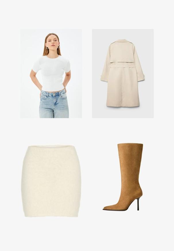 Beige trench coat with a single-breasted design, long sleeves, and a belted waist. Features a back vent and a classic collar. Smooth texture.; Cream-colored long-sleeve top with a draped cowl neckline and ribbed texture. Made of lightweight fabric, features a straight hem at the waist.; White ribbed short-sleeve fitted top with a round neckline, paired with light blue high-waisted jeans, featuring classic pockets and a button.; White wool mini skirt, soft and fuzzy texture, fitted design, high waist, no visible patterns or accents.; Knee-high suede boots in camel color with a pointed toe and a thin high heel. Smooth texture and sleek silhouette with minimal detailing.