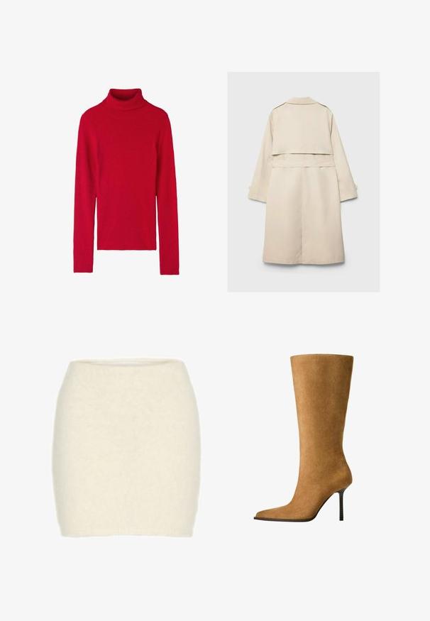 Beiger Trenchcoat mit einem einreihigen Design, langen Ärmeln und einem taillierten Gürtel. Verfügt über einen Rückenschlitz und einen klassischen Kragen. Glatte Textur.; Roter gerippter Rollkragenpullover mit langen Ärmeln, der eine enge Passform, eine weiche Textur und einfarbiges Design aufweist. Keine Muster oder Akzente.; Weißes Langarmoberteil mit off-the-shoulder Design, das seitliche Raffung und glattes Material aufweist. Kombiniert mit blauen Jeans.; Minirock aus weißer Wolle, weiche und kuschelige Textur, taillierte Passform, hohe Taille, keine sichtbaren Muster oder Akzente.; Knöchelhohe Wildlederstiefel in camel mit spitzem Zehenbereich und dünnem, hohen Absatz. Glatte Textur und elegante Silhouette mit minimaler Detailgestaltung.