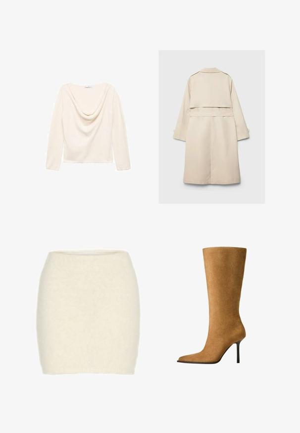 Beiger Trenchcoat mit einem einreihigen Design, langen Ärmeln und einem taillierten Gürtel. Verfügt über einen Rückenschlitz und einen klassischen Kragen. Glatte Textur.; Cremfarbener Langarmoberteil mit einem drapierten Wasserfall-Ausschnitt und gerippter Textur. Aus leichtem Material gefertigt, besitzt es einen geraden Saum an der Taille.; Weißes Langarmoberteil mit off-the-shoulder Design, das seitliche Raffung und glattes Material aufweist. Kombiniert mit blauen Jeans.; Minirock aus weißer Wolle, weiche und kuschelige Textur, taillierte Passform, hohe Taille, keine sichtbaren Muster oder Akzente.; Knöchelhohe Wildlederstiefel in camel mit spitzem Zehenbereich und dünnem, hohen Absatz. Glatte Textur und elegante Silhouette mit minimaler Detailgestaltung.