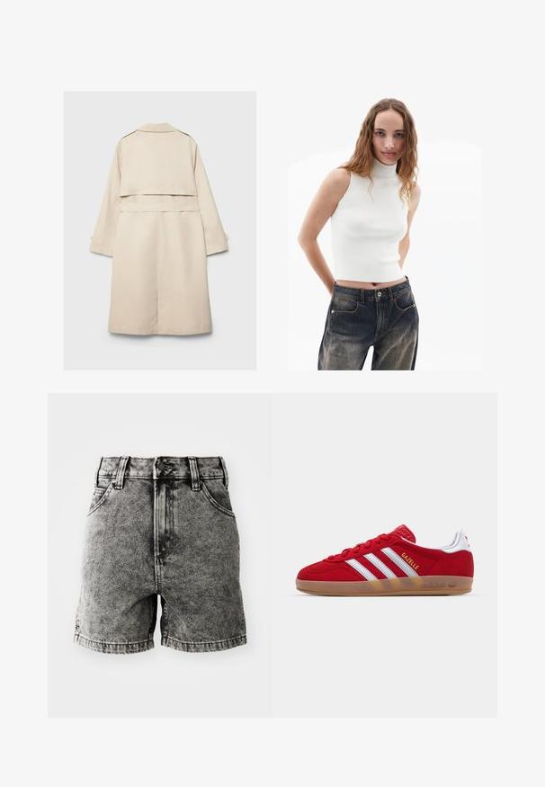 Béžový trenčkot se zapínáním na jeden knoflík, dlouhými rukávy a páskem v pase. Má zadní rozparek a klasický límec. Hladká textura.; Bílé bezramínkové žebrované tričko s vysokým límcem ve spojení s modrými džíny s vysokým pasem, které mají přední kapsy a mírné vyblednutí.; Černé džínové kraťasy s vysokým pasem, designem se pěti kapsami a worn vzhledem s viditelným šitím a kovovými detaily.; Červené semišové tenisky s bílým tříměrným designem a zlatým nápisem "Gazelle". Mají gumovou podrážku a texturovanou patu.