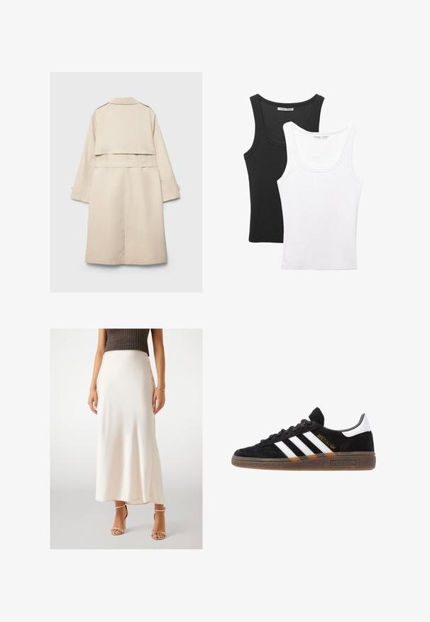 Manteau beige en trench avec un design à un seul bouton, des manches longues et une taille ceinturée. Présente une fente au dos et un col classique. Texture lisse.; Deux débardeurs exposés, l'un noir et l'autre blanc. Les deux ont une texture côtelée, des bretelles larges et un décolleté arrondi.; Jupe maxi en satin crème avec une texture lisse, taille haute, dotée d'une fente sur le côté, associée à des sandales à talons hauts dorées avec des lanières.; Baskets Adidas noires avec rayures blanches, inscription dorée "Spezial", semelle en gomme et languette blanche au talon, présentées en vue de profil.