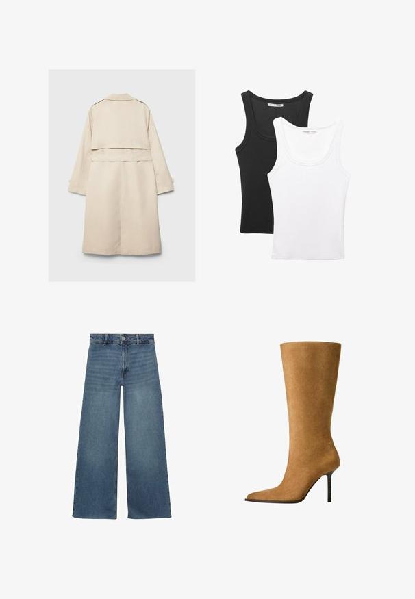 Beige trenchcoat med en enkelknäppt design, långa ärmar och midjebälte. Har en bakre vent och en klassisk krage. Slät textur.; Två linnen visas, ett svart och ett vitt. Båda har en ribbad textur och breda axelband med rundad halsringning.; Vidbyxade blå denimjeans med hög midja, med knapplås och dragkedja, samt en slät och strukturerad tygfinish.; Knähöga mockaskor i kamelfärgad med spetsig tå och en tunn hög klack. Slät textur och elegant silhuett med minimal detalj.