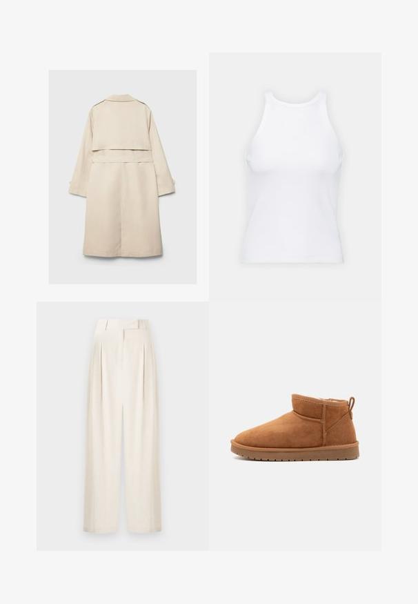 Beżowy płaszcz trench z jednorzędowym zapięciem, długimi rękawami i paskiem w talii. Posiada rozcięcie z tyłu oraz klasyczny kołnierz. Gładka tekstura.; Biała bezrękawnikowa koszulka wykonana z prążkowanej tkaniny, z okrągłym dekoltem i dopasowanym krojem, o minimalnych szwach i bez ozdób.; Kremowe spodnie o szerokich nogawkach, wykonane z teksturowanej tkaniny, z wysokim stanem, plisami i prostym krojem.; Call it Spring JAMIELEE tan